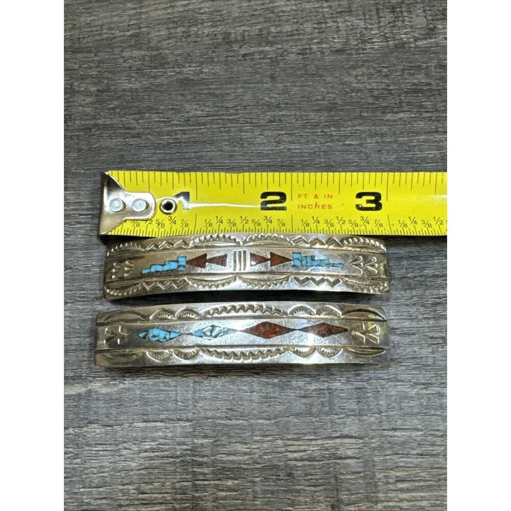 2 Vtg Navajo Native Stamped Sterling Turquoise Coral Inlay Hair Clip Barrette 3”